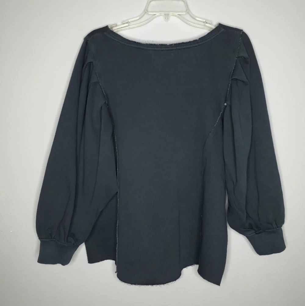 Free People We The Free Rosey Navy Blue Distressed Fleece Oversized Sweatshirt